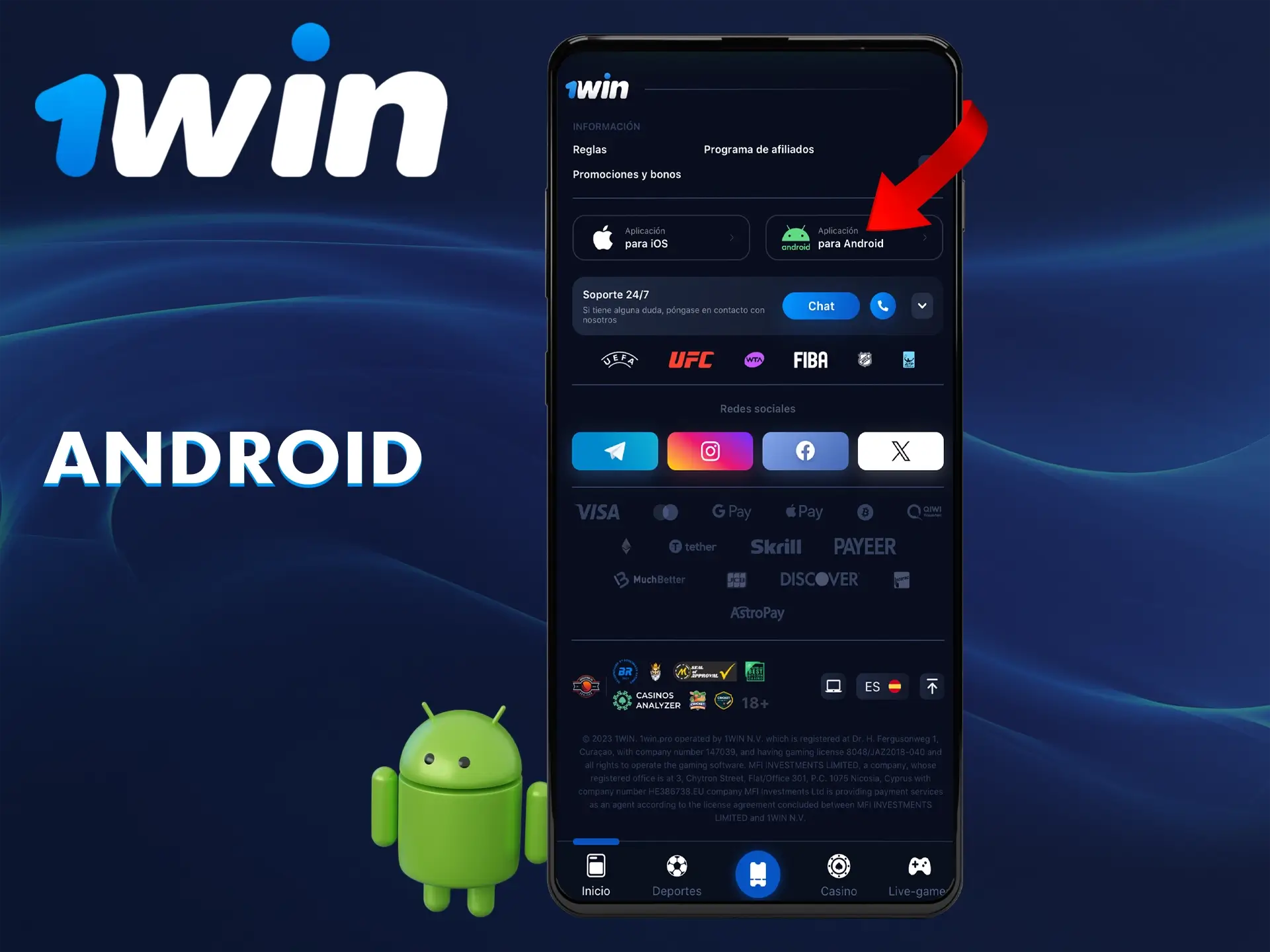 Instala la aplicación 1Win en tu móvil Android y disfruta de tus juegos favoritos.