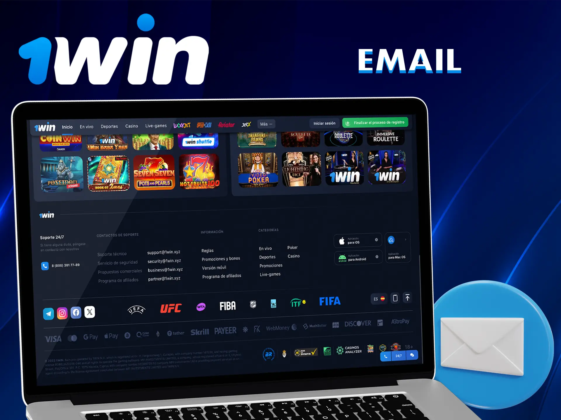 Escriba sobre sus comentarios y sugerencias a uno de los correos electrónicos de 1Win Casino.