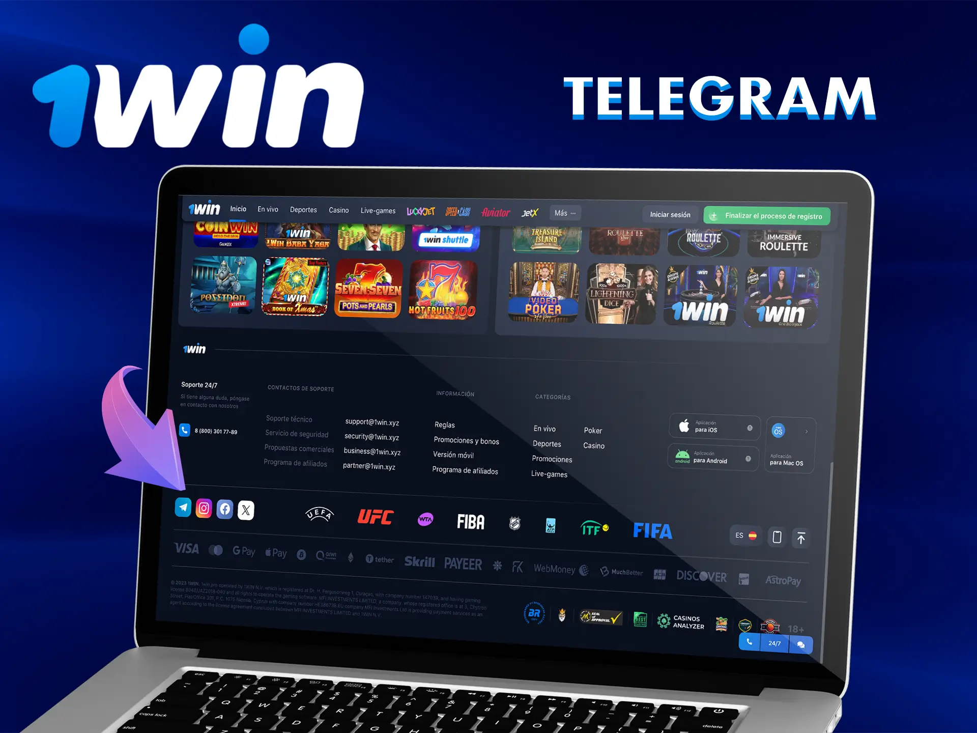 Utilice telegram como un medio de retroalimentación de 1Win casino en Chile.