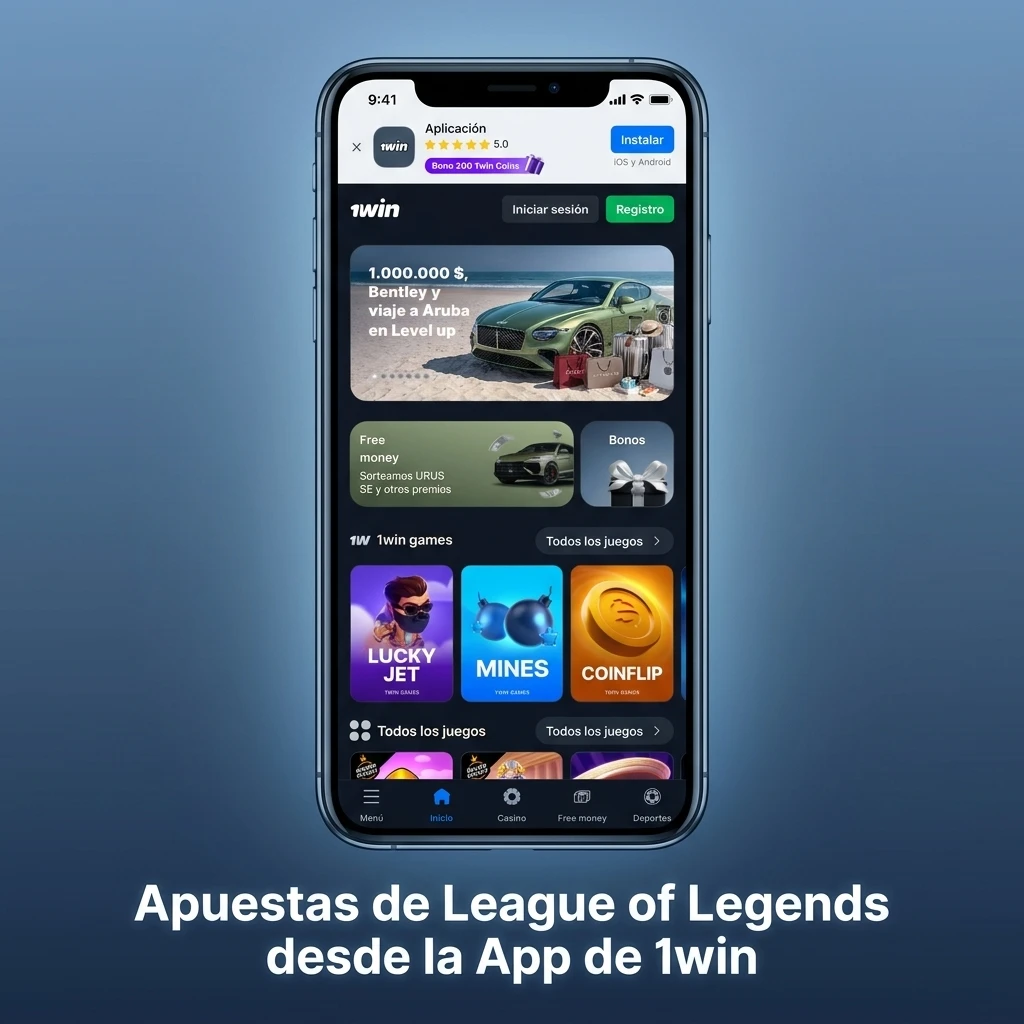 Pantalla de la app 1win mostrando apuestas en vivo de League of Legends con mercados y cuotas actualizadas