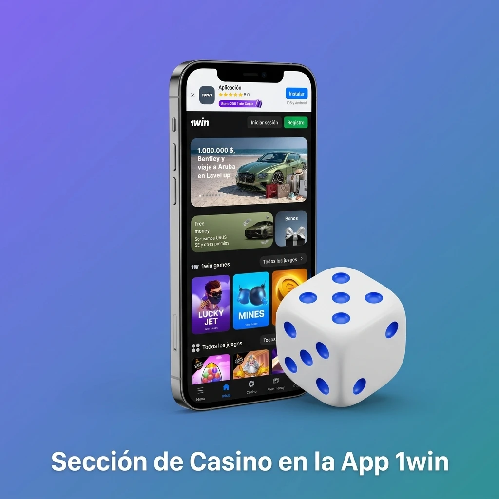 Sección de casino en app 1win con slots, ruleta, blackjack, póker, crash y casino en vivo desde Chile
